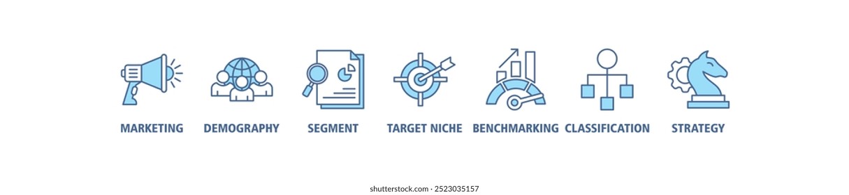 Segmentação do mercado banner web icon set vetor ilustração conceito com ícone de marketing, demografia, segmento, nicho alvo, benchmarking, classificação, ícones de estratégia infográfico fundo