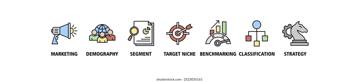 Segmentação do mercado banner web icon set vetor ilustração conceito com ícone de marketing, demografia, segmento, nicho alvo, benchmarking, classificação, ícones de estratégia infográfico fundo