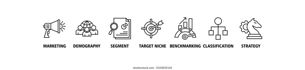 Segmentação do mercado banner web icon set vetor ilustração conceito com ícone de marketing, demografia, segmento, nicho alvo, benchmarking, classificação, ícones de estratégia infográfico fundo