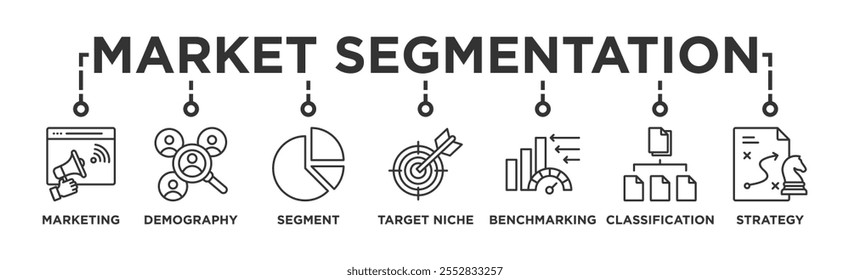 Segmentação de mercado banner web icon vetor ilustração conceito com ícone de marketing, demografia, segmento, nicho alvo, benchmarking, classificação, estratégia	