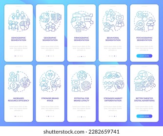 Segmentación de mercado gradiente azul incorporado a pantalla de aplicación móvil. Recorrido 5 pasos instrucciones gráficas con conceptos lineales. UI, UX, plantilla GUI. Multitud de tipos de letra Pro-Bold, con uso regular