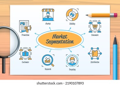 Market segmentation chart with icons and keywords. Dividing, customers, research, market, distribution, targeting, promotion, consumers icons. Business banner. Web vector infographic