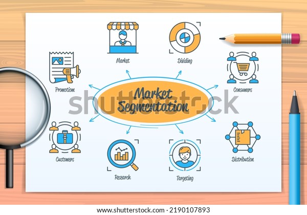 Market\
segmentation chart with icons and keywords. Dividing, customers,\
research, market, distribution, targeting, promotion, consumers\
icons. Business banner. Web vector\
infographic