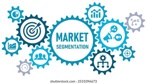 Conceito de segmentação de mercado banner web website ícones vetor ilustração conceito com ícones de marketing, demografia, segmento, nicho alvo, benchmarking, classificação, fundo branco