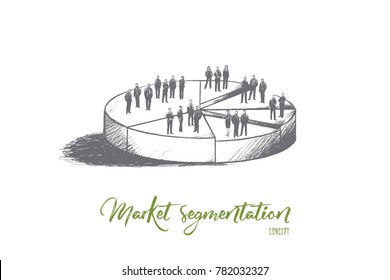 Market segmentation concept. Hand drawn illustration of a pie chart. Sectors with different people isolated vector illustration.