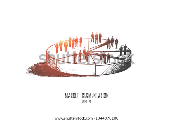 Market segmentation concept. Hand drawn\
illustration of a pie chart. Sectors with different people isolated\
vector illustration.