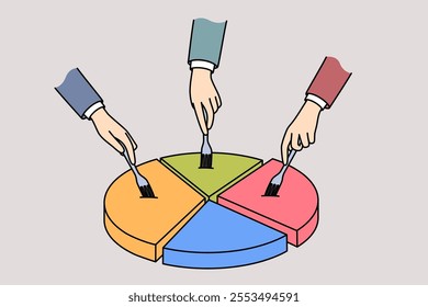 Market segmentation and distribution of parts of diagram between businessmen dividing pie in form of statistical infographic. Business people are engaged in market segmentation for cartel agreement