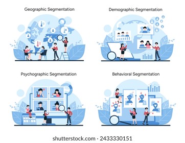 Conjunto de facetas de segmentación de mercado. Las ilustraciones vívidas de vectores presentan divisiones geográficas, demográficas, psicográficas y de comportamiento del mercado. Ilustración de vector