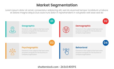 market segmentation framework analysis infographic 4 point stage template with long rectangle box symmetric circle badge for slide presentation vector