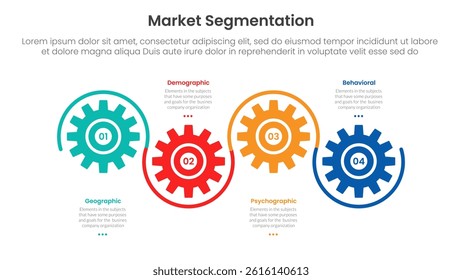 market segmentation framework analysis infographic 4 point stage template with gear shape on horizontal line up and down for slide presentation vector