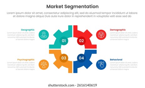 market segmentation framework analysis infographic 4 point stage template with gear shape on center with matrix structure for slide presentation vector