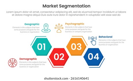 market segmentation framework analysis infographic 4 point stage template with hexagon unbalance up and down for slide presentation vector