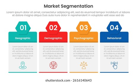market segmentation framework analysis infographic 4 point stage template with table box with hexagon header for slide presentation vector