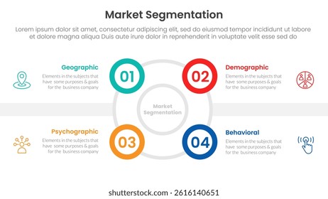 market segmentation framework analysis infographic 4 point stage template with outline circle and small circle edge side for slide presentation vector