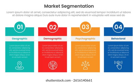 market segmentation framework analysis infographic 4 point stage template with box table with header badge and circle for slide presentation vector