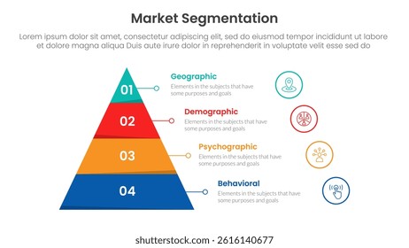 market segmentation framework analysis infographic 4 point stage template with pyramid shape and outline circle stack for slide presentation vector