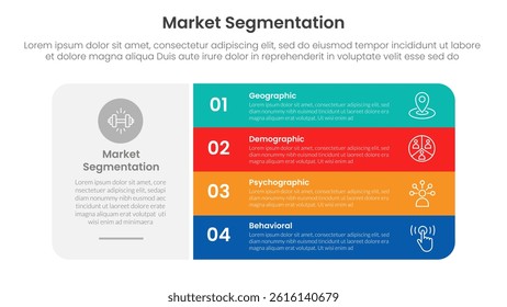 market segmentation framework analysis infographic 4 point stage template with big round box and vertical stack point for slide presentation vector