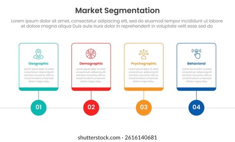 market segmentation framework analysis infographic 4 point stage template with outline table box and circle line point for slide presentation vector