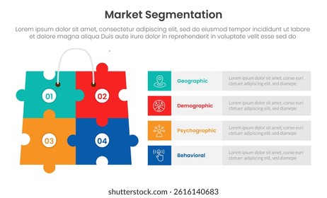 market segmentation framework analysis infographic 4 point stage template with puzzle jigsaw shopping bag with rectangle shape stack for slide presentation vector