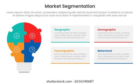 market segmentation framework analysis infographic 4 point stage template with puzzle jigsaw shape lightbulb for slide presentation vector