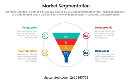 market segmentation framework analysis infographic 4 point stage template with funnel on big circle for slide presentation vector