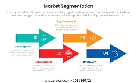 market segmentation framework analysis infographic 4 point stage template with timeline arrow style up and down for slide presentation vector
