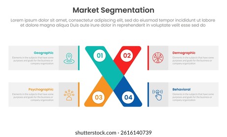 market segmentation framework analysis infographic 4 point stage template with x cross shape and rectangle box for slide presentation vector