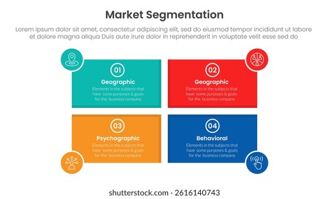 market segmentation framework analysis infographic 4 point stage template with rectangle shape and circle badge on edge for slide presentation vector