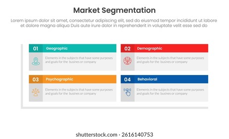 market segmentation framework analysis infographic 4 point stage template with rectangle box table header matrix structure for slide presentation vector