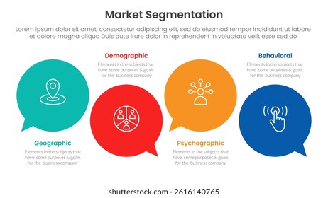 market segmentation framework analysis infographic 4 point stage template with circle comment callout for slide presentation vector