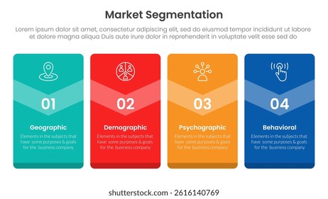 market segmentation framework analysis infographic 4 point stage template with big box vertical badge banner for slide presentation vector