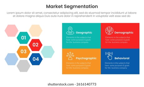 market segmentation framework analysis infographic 4 point stage template with hexagonal honeycomb and rectangle box for slide presentation vector