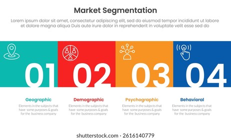 market segmentation framework analysis infographic 4 point stage template with square box full width horizontal and title badge for slide presentation vector