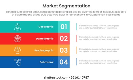 market segmentation framework analysis infographic 4 point stage template with big rectangle box vertical stack on left layout for slide presentation vector