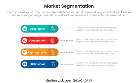 market segmentation framework analysis infographic 4 point stage template with round rectangle horizontal for slide presentation vector
