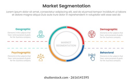 market segmentation framework analysis infographic 4 point stage template with big circle center and symmetric text for slide presentation vector