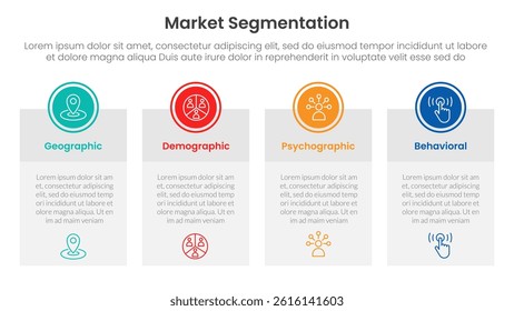 market segmentation framework analysis infographic 4 point stage template with big table box with circle badge on top for slide presentation vector