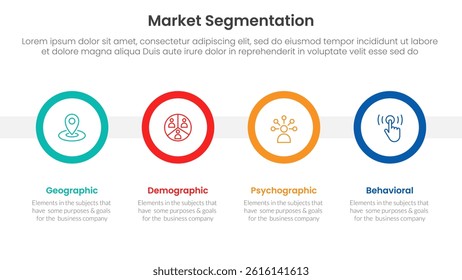 market segmentation framework analysis infographic 4 point stage template with big circle timeline horizontal for slide presentation vector