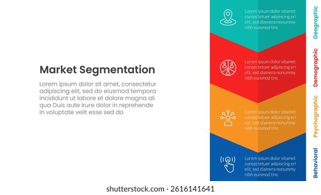 market segmentation framework analysis infographic 4 point stage template with vertical arrow bottom direction for slide presentation vector