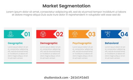 market segmentation framework analysis infographic 4 point stage template with table box and arrow header for slide presentation vector