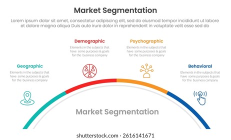 market segmentation framework analysis infographic 4 point stage template with half circle circular right direction for slide presentation vector