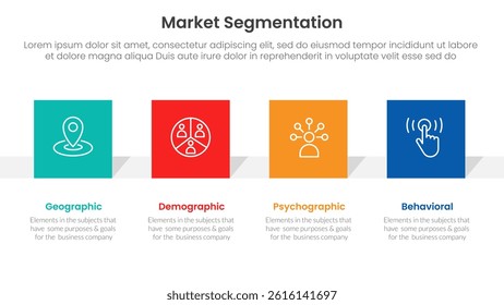 market segmentation framework analysis infographic 4 point stage template with square rectangle shape horizontal for slide presentation vector
