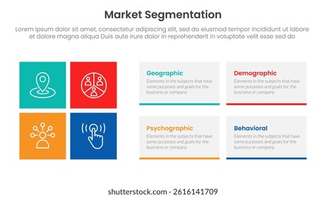 market segmentation framework analysis infographic 4 point stage template with rectangle box combination for slide presentation vector