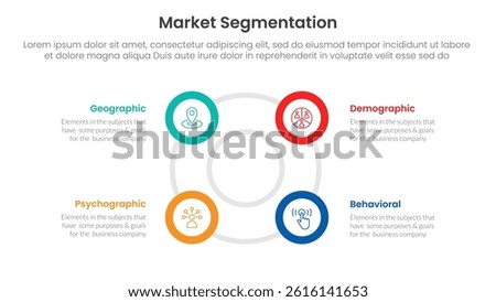 market segmentation framework analysis infographic 4 point stage template with big circle circular cycle outline shape for slide presentation vector