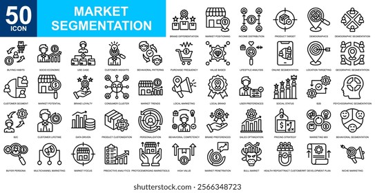 Market Segmentation icon collection set. Market share, penetration, marketing, research, analysis icon. Simple line vector.