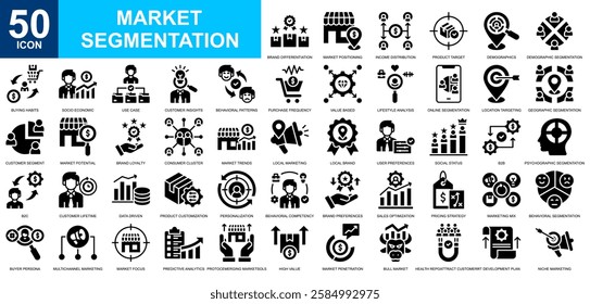 Market Segmentation icon collection set. Market share, penetration, marketing, research, market analysis icon. Simple glyph vector.	