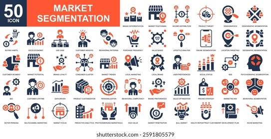 Market Segmentation icon collection set. Market share, market penetration, marketing, human research, analysis icon. Simple glyph color vector.