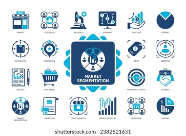 Market Segmentation icon set. Dividing, Customers, Purchasing, Marketing Strategy, Distribution, Targeting, Promotion, Consumers. Duotone color solid icons
