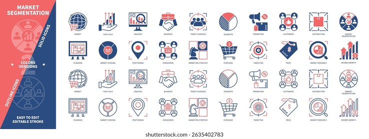 Market Segmentation icon set. Market Dividing, Customers, High Yield, Promotion, Distribution, Targeting, Analysis, Consumers. Duotone color solid and editable outline icons