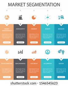 market segmentation Infographic 10 steps UI design.demography, segment, Benchmarking, Age group simple icons